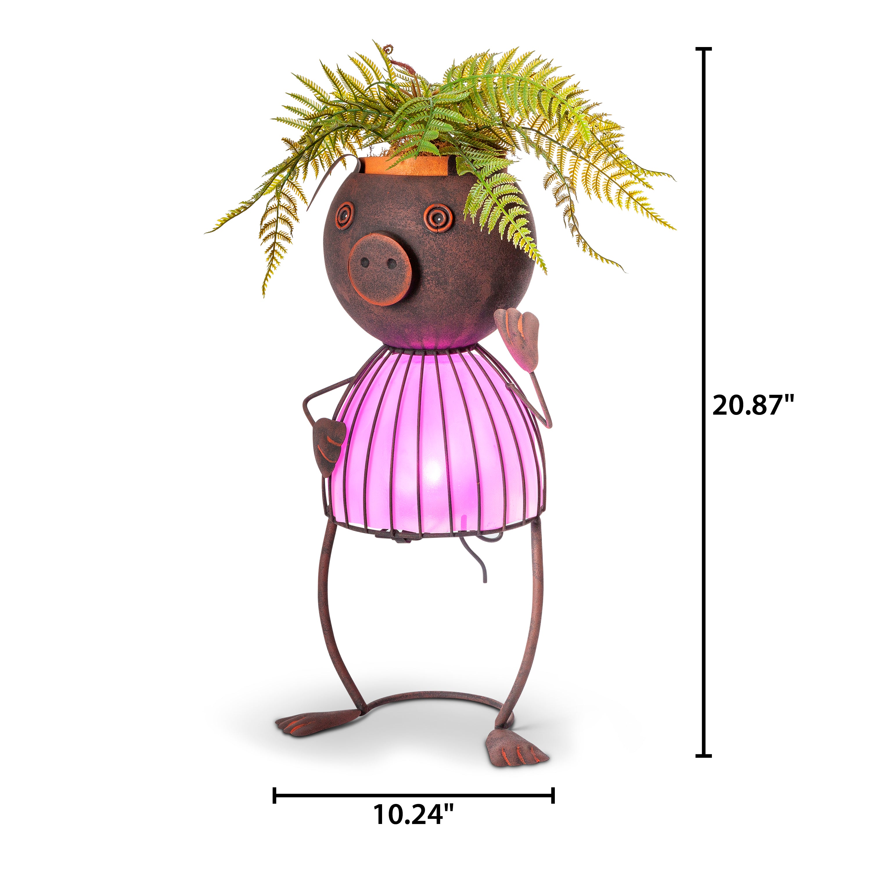 20.87 Inch Pink Solar Garden Metal Pig Planter